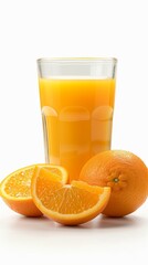 Wall Mural - Glass of fresh orange juice with whole and sliced oranges on white background