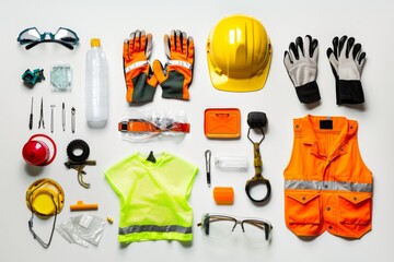 Worker with safety and health work protection equipment construction industry tools set background