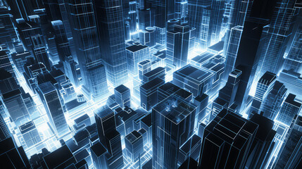 Wall Mural - 3D Rendering of visual city. Hologram of urban city area in dark mode. 