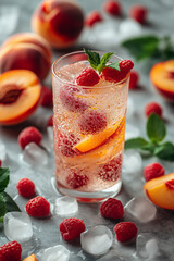 Wall Mural - A glass of raspberry lemonade with a few slices of peach on the side