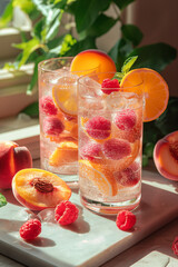 Canvas Print - Two glasses of fruit punch with raspberries and oranges