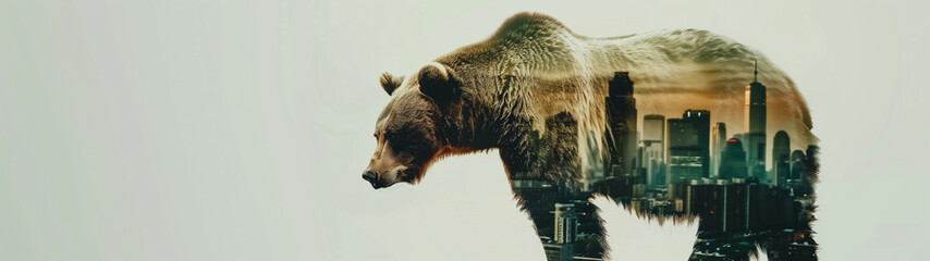 double exposure of a bear and a city, threat to cities spatial approximation of the habitats of humans and animals concept, created with generative AI technology