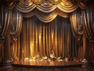 Wall Mural - Elegant Stage with Golden Curtains. A sophisticated theater stage with opulent gold drapes against dark background, ready for a premiere performance