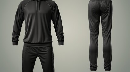 Wall Mural - Men s athletic black sportswear vector mockup featuring hoodie and trousers for active wear designs