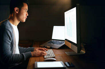 Businessman, night and computer in office with analytics screen for feedback, review and cyber security in dark. Programmer guy, pc and chart data for software code, app development and website stats