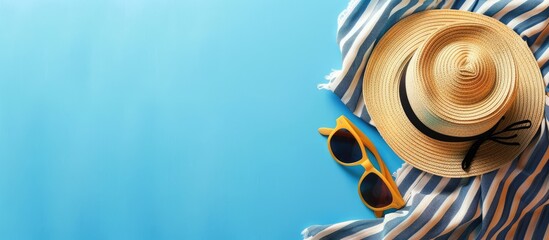 Wall Mural - Concept of Summer Beach Vacation with Vintage Sunglasses, Striped Towel, and Straw Hat on Blue Background