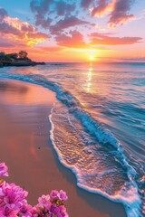 Wall Mural - Sunset Beach Scene With Pink Clouds