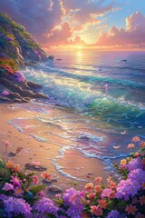 Wall Mural - Colorful Sunset Over Beach