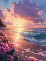 Wall Mural - Sunset Beach With Colorful Clouds