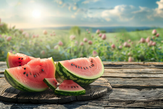 Sliced watermelon on a picnic table with a background of green fields