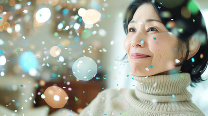 Wall Mural - Retired Asian woman in a beige turtleneck sweater Celebrating in her living room blurred in bokeh
