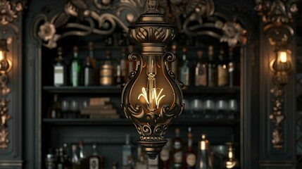 Wall Mural -   A lamp hangs from the ceiling above a shelf filled with liquor bottles