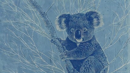 Canvas Print -   A koala perched on bare tree branches against a blue sky backdrop