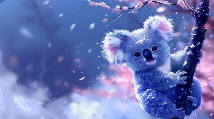 Poster -   A snow-covered koala bear perched on a tree branch, surrounded by background trees