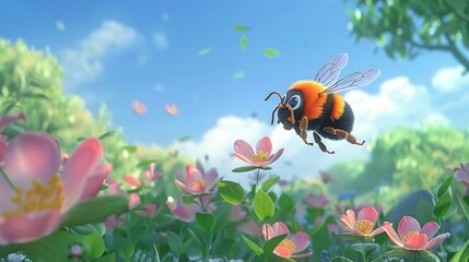 Sticker -  A bee flies over a field of flowers with a blue sky and white clouds in the background