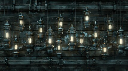 Poster -   A series of lights dangle from the wooden wall to illuminate the collection of bottles arranged on another wall