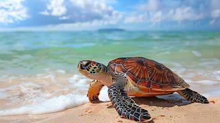 Wall Mural - Sea Turtle on a Sandy Beach