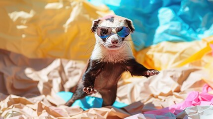 Wall Mural - Ferret in Sunglasses Posing on a Colorful Background