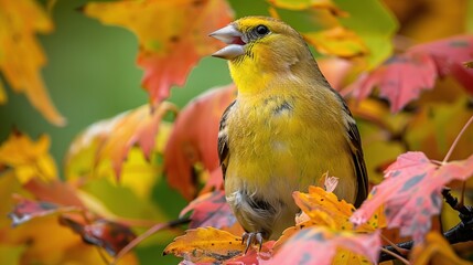 Sticker - Yellow Bird Singing Amidst Autumn Leaves