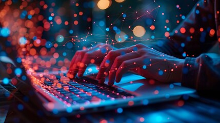 Hands Typing on Laptop with Red and Blue Lights & Abstract Network