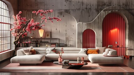 Poster -   A cozy living room adorned with plush furniture and a centerpiece tree laden with delicate pink blossoms