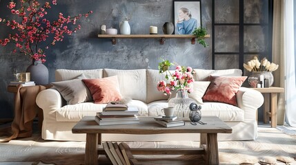 Wall Mural -   A white couch sits in a cozy living room near a wooden table adorned with a vibrant vase of flowers