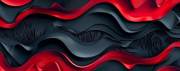 Wall Mural - Abstract 3D Red and Black Wavy Pattern - Digital Art