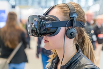 Poster - Woman Using VR Headset for Interactive Experience in Public Space