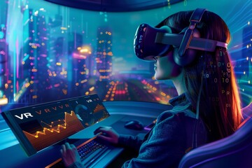 Sticker - Woman Using VR Headset for High Tech Gaming in Modern Setup