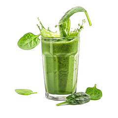Wall Mural - Splash With Drops of Green Spinach Smoothie in a Drinking Glass , Highlighting Vibrant Green Color and Ingredients.. Isolated on a Transparent Background. Cutout PNG.