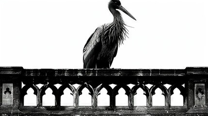 Poster -   A monochrome image of a bird perched atop a skyscraper, displaying a lengthy beak and bill