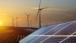 © liliyabatyrova - A scenic view of wind turbines and solar panels, capturing a vibrant sunset and showcasing the power of renewable energy