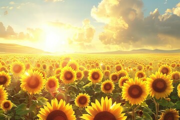 Wall Mural - A field of yellow sunflowers with a bright blue sky in the background. The sun is shining brightly, casting a warm glow over the field. The scene is peaceful and serene