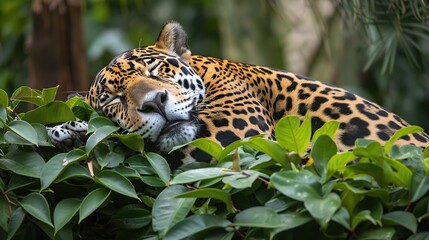 Wall Mural - Sleeping Jaguar Amidst Lush Foliage