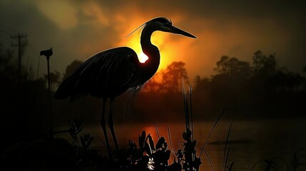 Poster -   A majestic bird perched atop a verdant plant, overlooking a serene body of water bathed in the golden hues of sunset