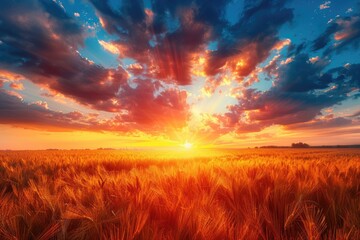 Wall Mural - A field of golden wheat with a bright orange sun in the sky. The sky is filled with clouds, creating a moody atmosphere