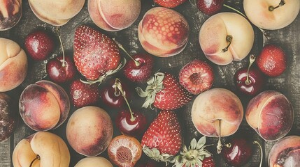   A close-up of a bountiful table filled with juicy apples, sweet peaches, succulent strawberries, and ripe plums