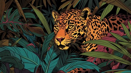 Wall Mural - A leopard with vibrant spots is stealthily hidden among lush green and maroon leaves in the jungle.
