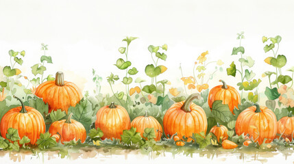 watercolor illustration of a vibrant pumpkin patch with green vines and leaves, perfect for autumn a