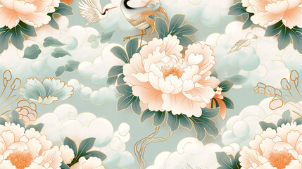 Wall Mural - A blue and white floral pattern with a bird in the middle