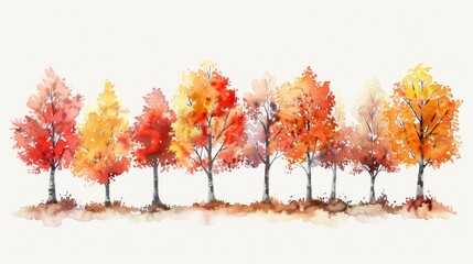 Beautiful watercolor illustration of autumn trees with vibrant red, orange, and yellow foliage against a white background.