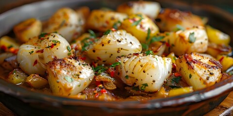 Wall Mural - A Close-Up of Bacalhau Gomes de Sa Dish Featuring Salt Cod, Onions, and Potatoes. Concept Close-Up Food Photography, Bacalhau Gomes de Sa, Salt Cod Dish, Portuguese Cuisine, Culinary Highlights