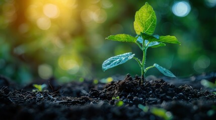 Green plant growing in soil with green nature background. The concept of renewable energy sources Eco