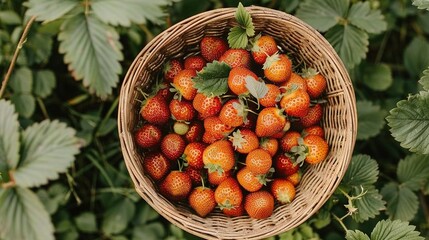 Wall Mural -   Basket brimming with juicy strawberries atop verdant green field of foliage, adjacent to shrub