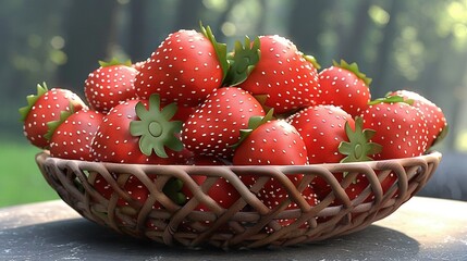 Wall Mural -   A wooden table is positioned next to a green grass field, with a basket filled with plenty of red strawberries on top