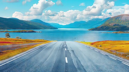 Wall Mural -   A picture of a road leading to a serene lake surrounded by majestic mountains, topped with fluffy clouds above