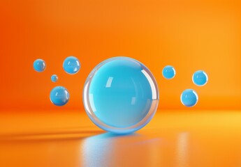 Wall Mural - a glass ball with bubbles surrounding it on an orange background. ai.