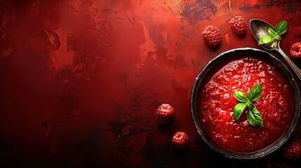 Wall Mural -   A bowl of raspberry sauce served with a spoon and a few raspberries beside it