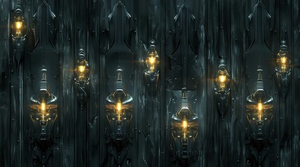 Wall Mural -   A room with numerous lit lights, a central metal structure, and a yellow light on the inner walls of the structure
