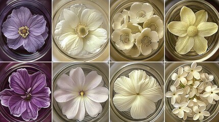 Wall Mural -   A composite of various blooms in a transparent vase, featuring a lilac and white blossom at its center